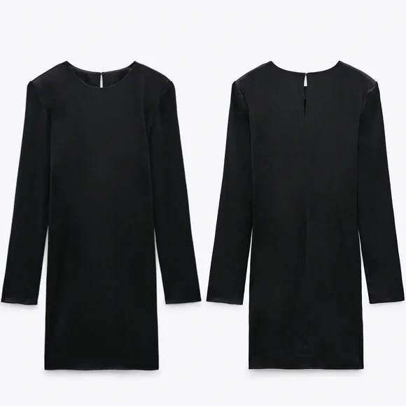 knee length dresses for ladies ZARA Black Satin Long Feathered Sleeve Shift Dress UK S
